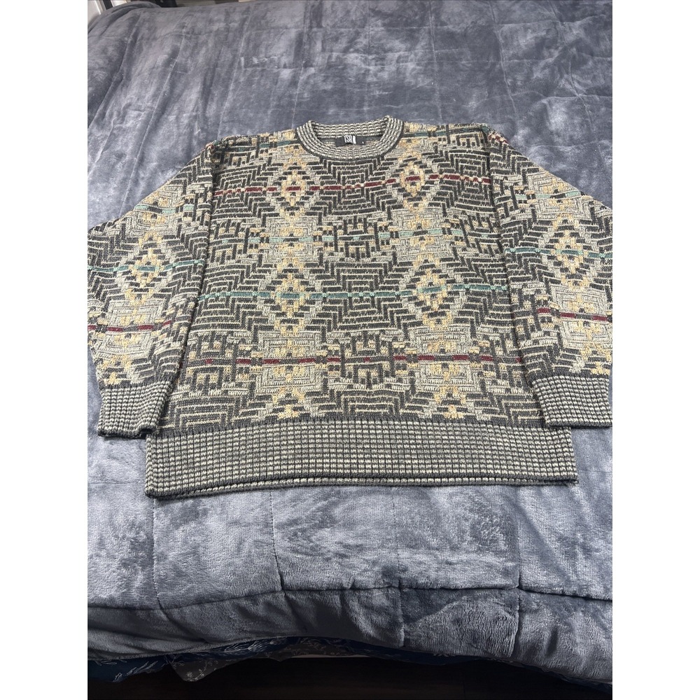 VINTAGE TSR USA Sweater Mens L multicolor Knit Geometric Rug Coogi Grandpa